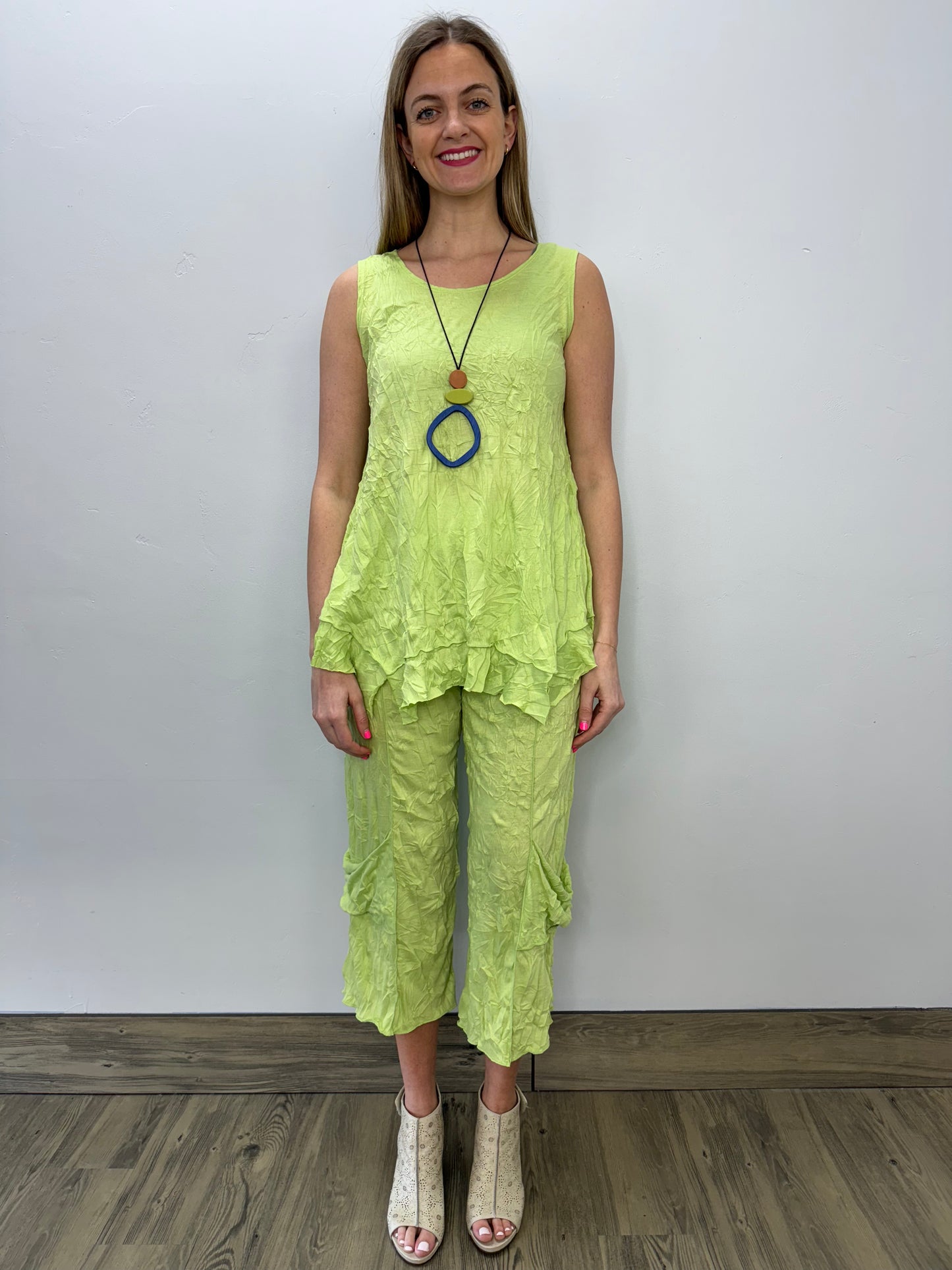 Lime Crinkle Crop Pant with Pockets