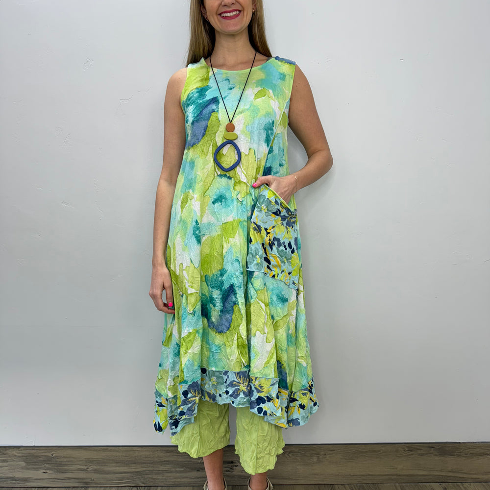 
                  
                    Aqua and Lime Watercolor Crinkle Sleeveless Dress
                  
                