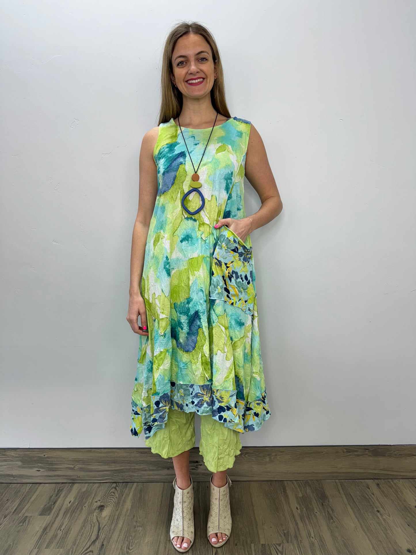 Aqua and Lime Watercolor Crinkle Sleeveless Dress