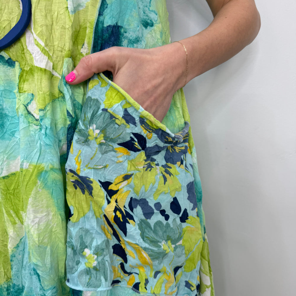 
                  
                    Aqua and Lime Watercolor Crinkle Sleeveless Dress
                  
                