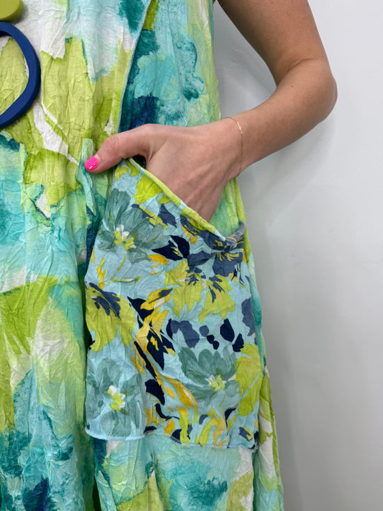 Aqua and Lime Watercolor Crinkle Sleeveless Dress
