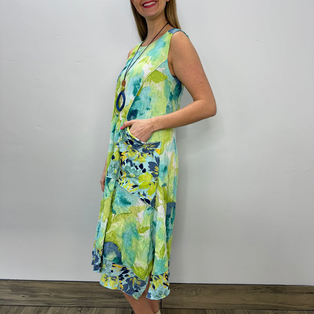 
                  
                    Aqua and Lime Watercolor Crinkle Sleeveless Dress
                  
                