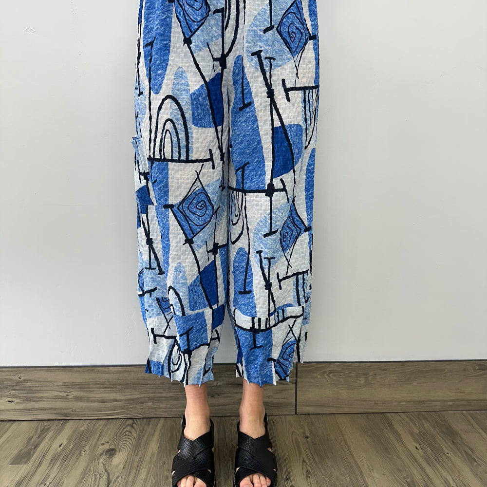 White and Blue Abstract Pant