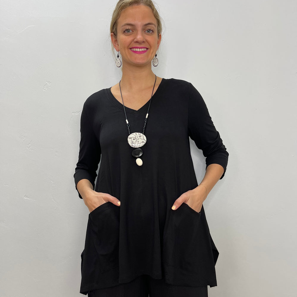 Black Tencel Jazz V Neck Tunic