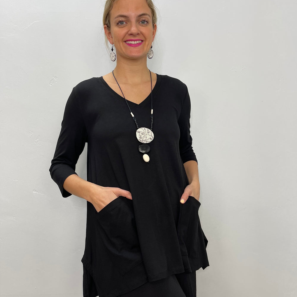 Black Tencel Jazz V Neck Tunic