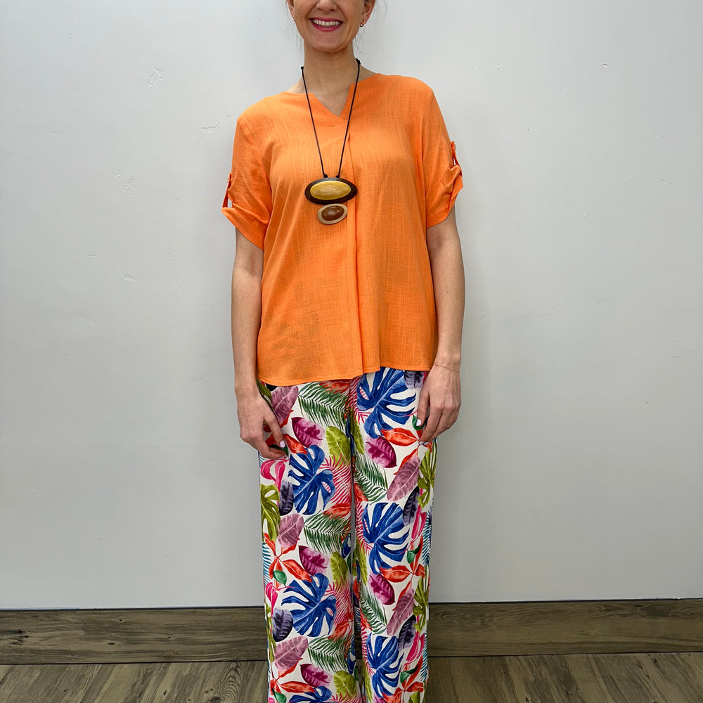 Orange V-Neck Linen Blouse