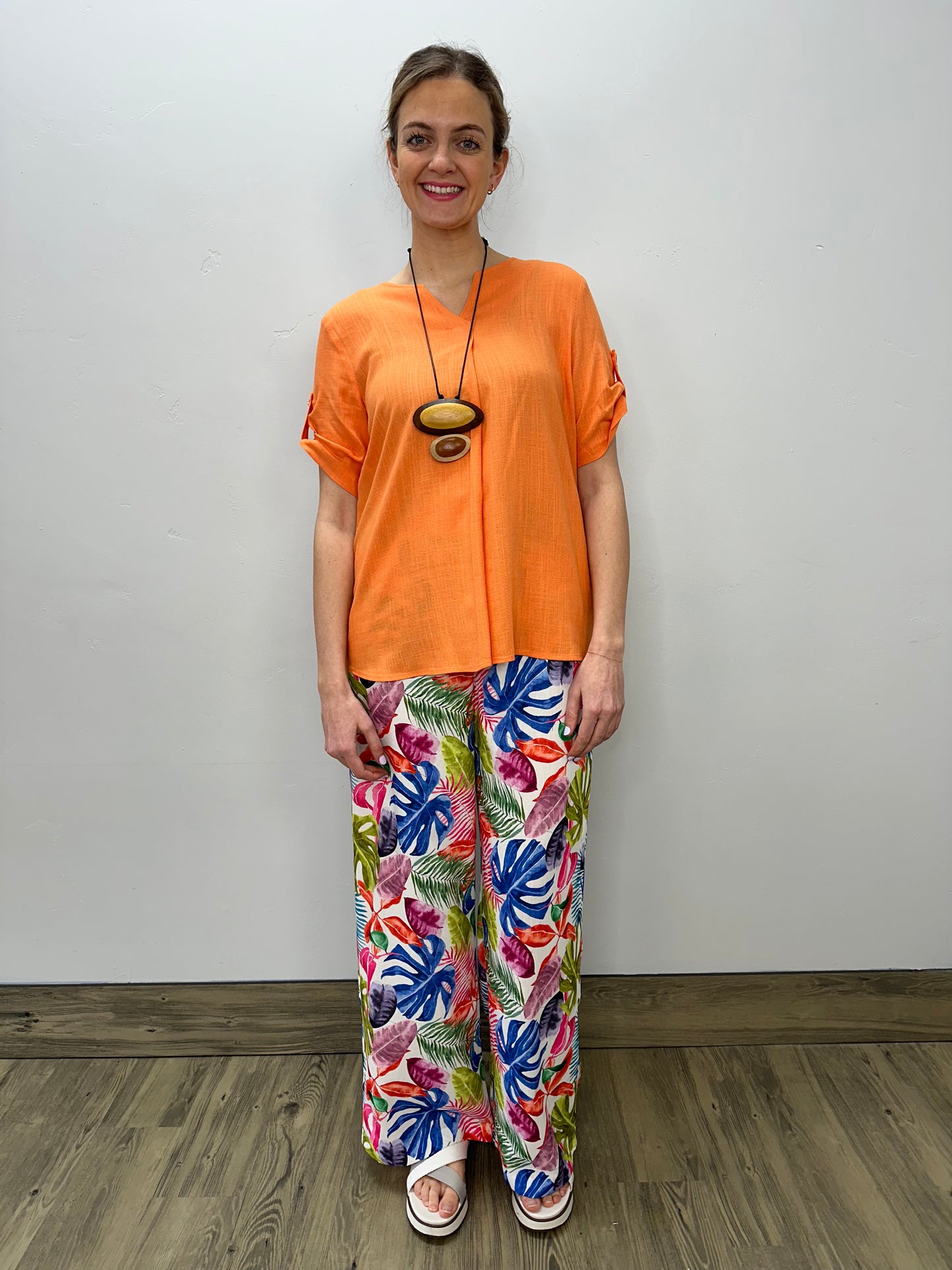 Orange V-Neck Linen Blouse