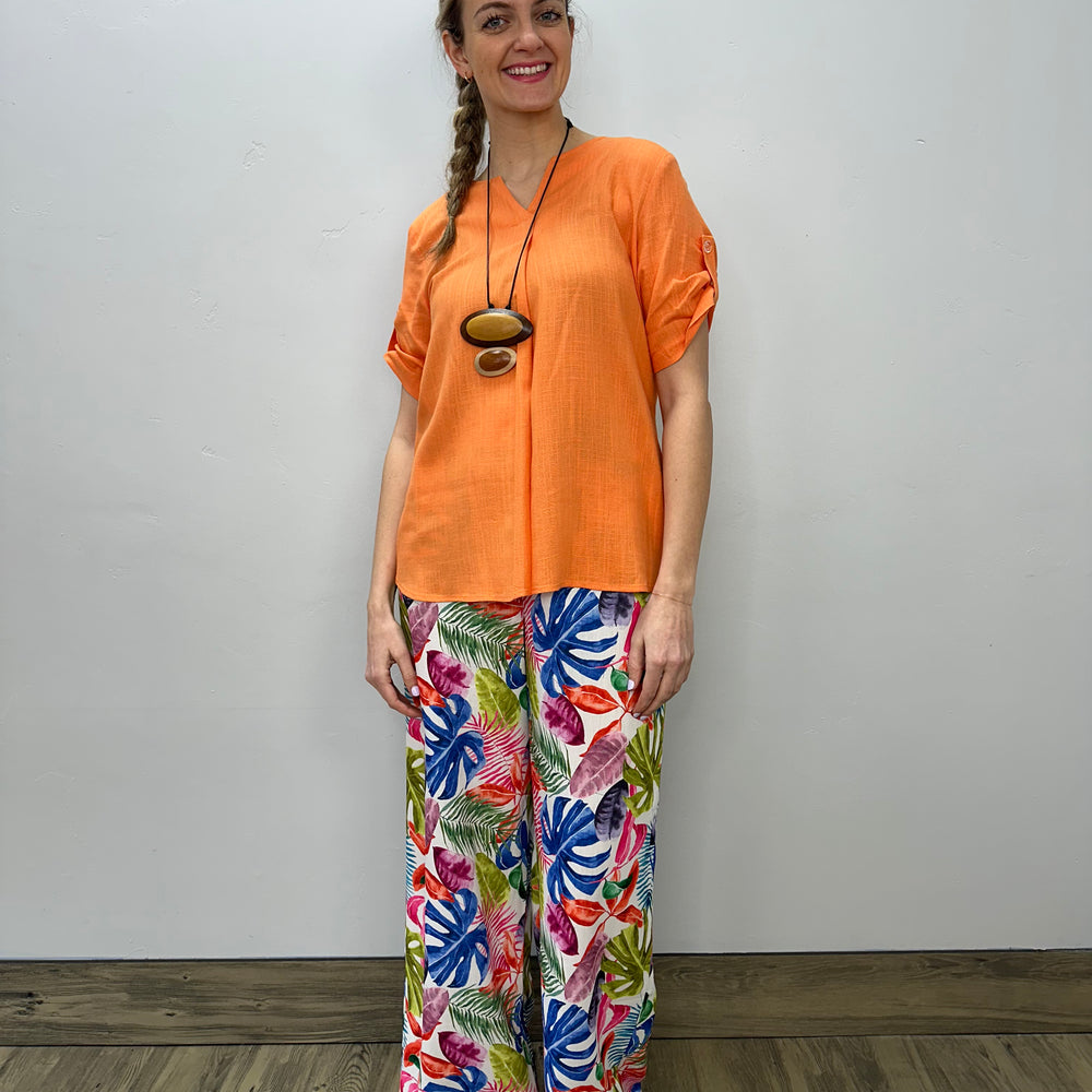 Orange V-Neck Linen Blouse