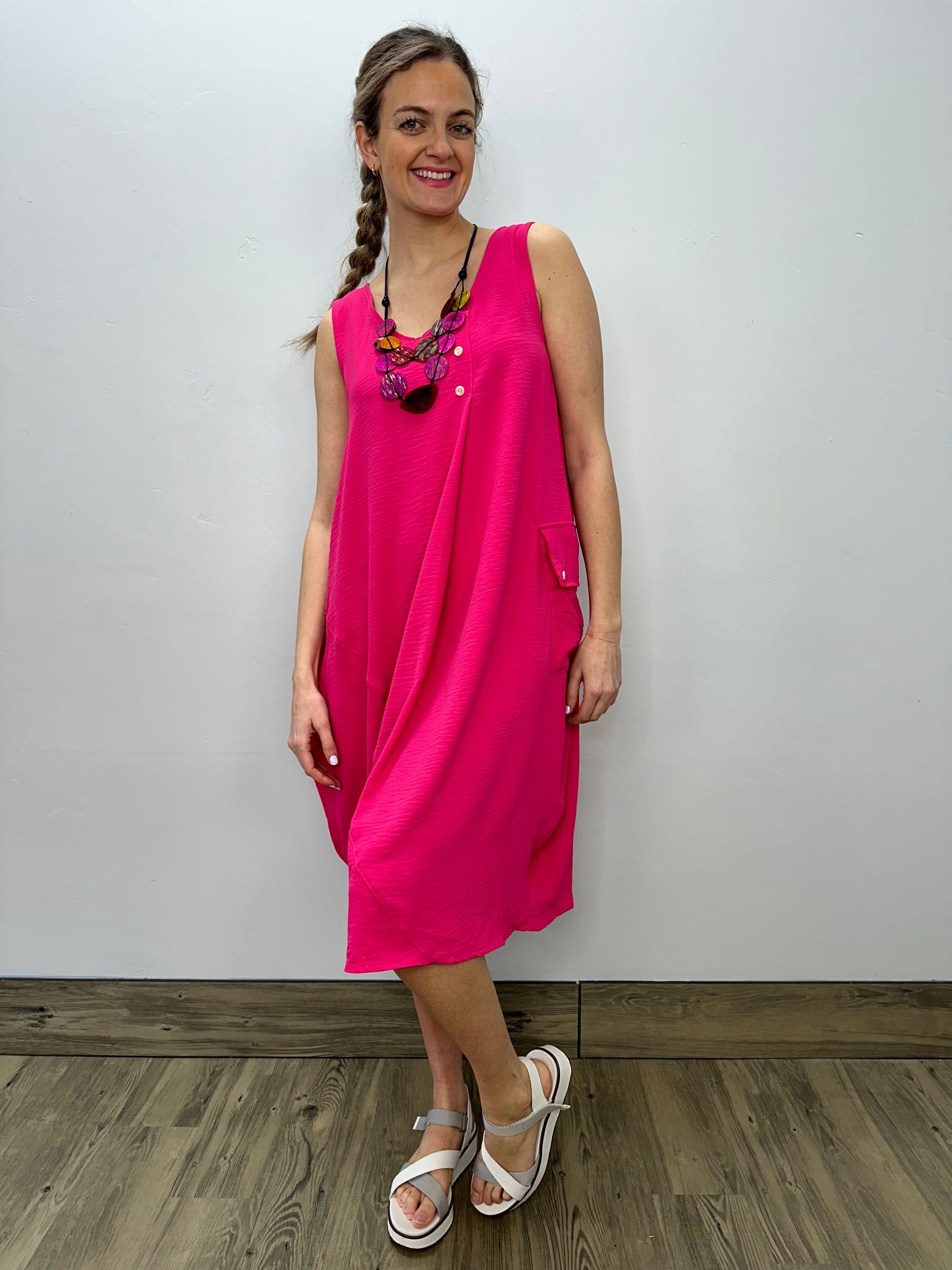 Fuchsia Sleeveless Dress with Pocket