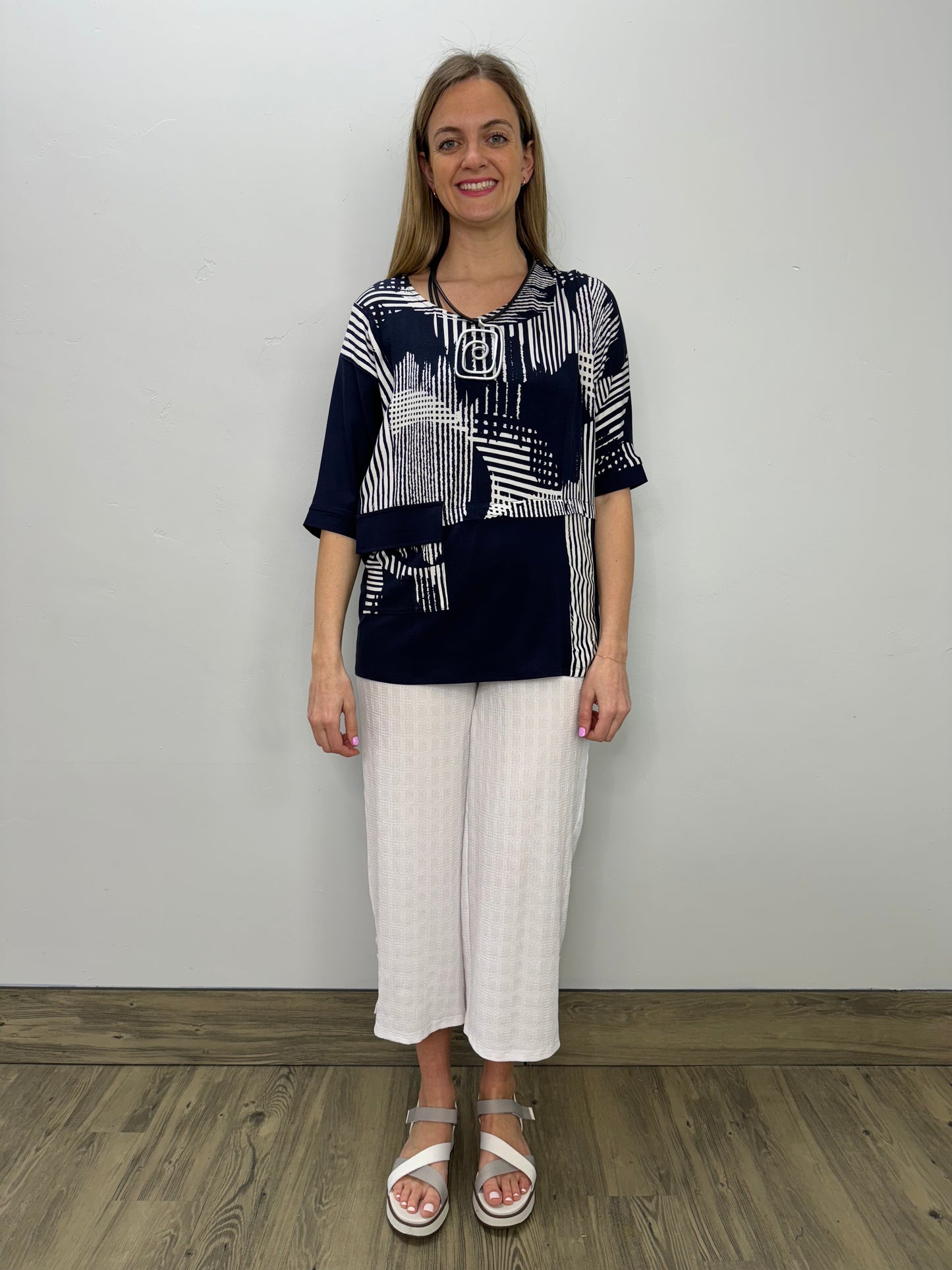 Navy and White Elbow Sleeve Top