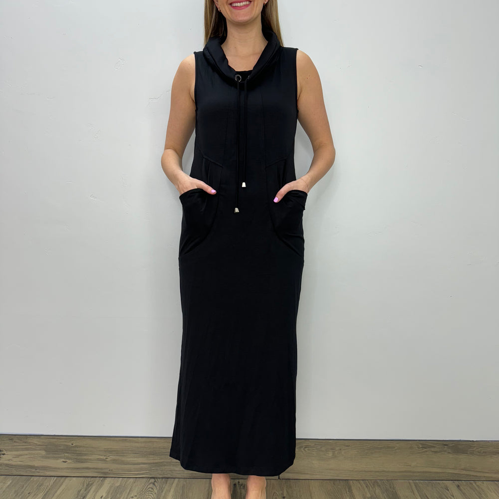 Long Black Sleeveless Dress with Pockets