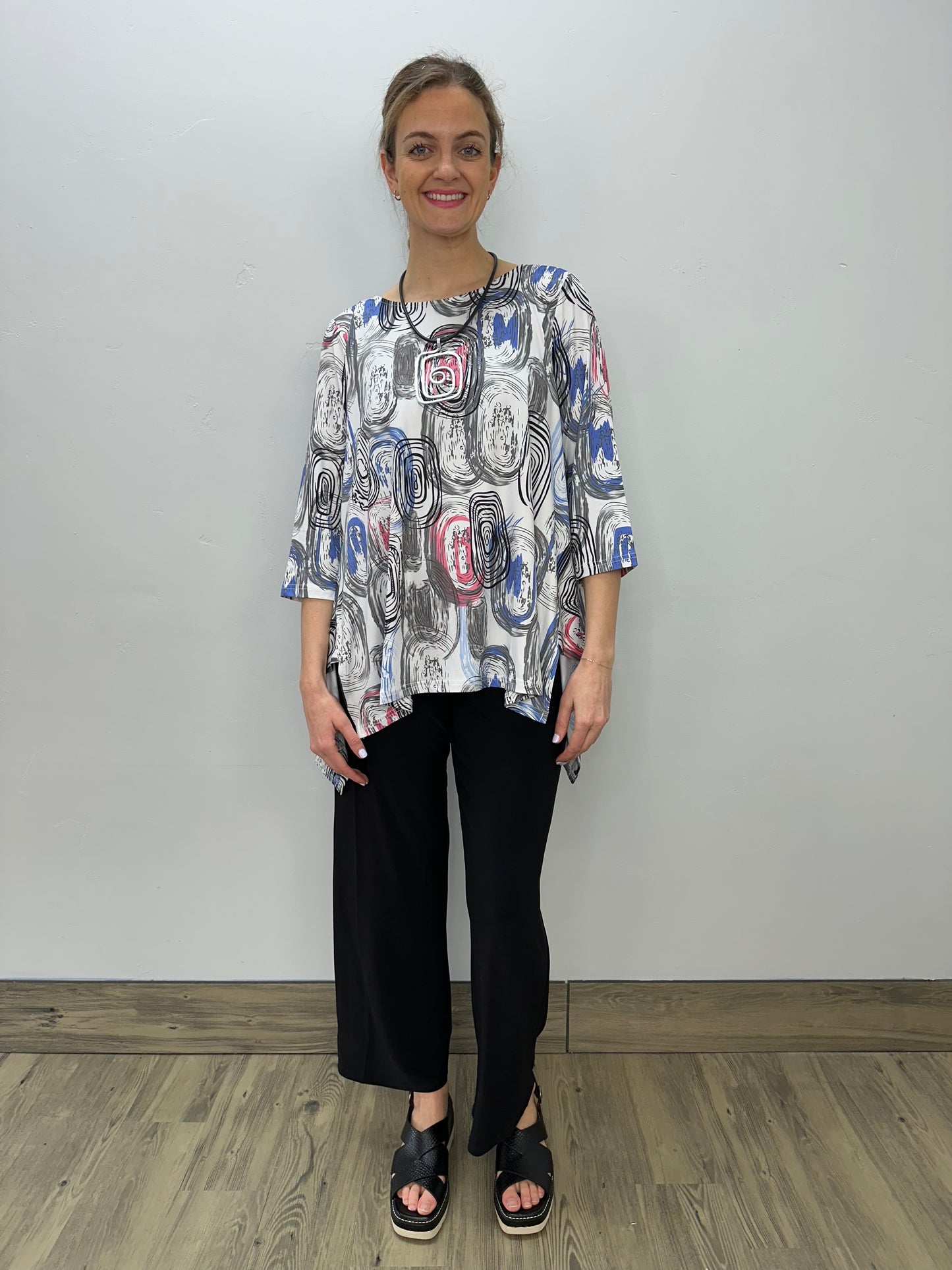 Load image into Gallery viewer, Blue Pink Scribbles 3/4 Sleeve Shark-bite Tunic
