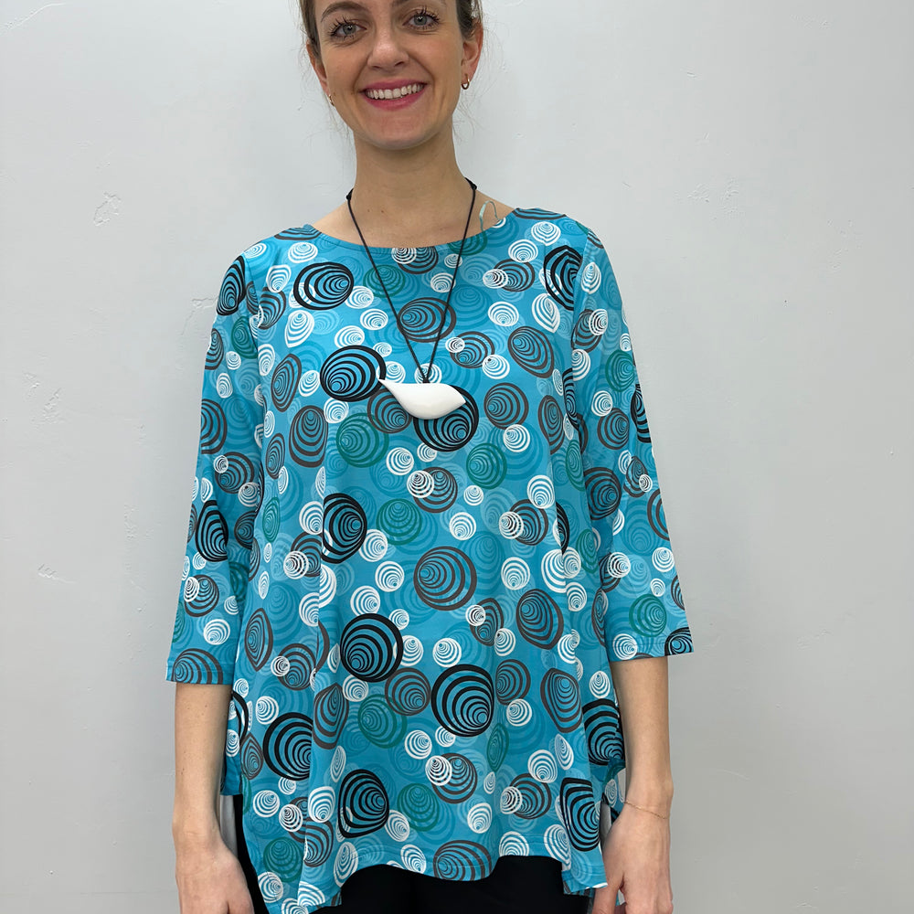 Teal Swirls 3/4 Sleeve Shark-bite Tunic