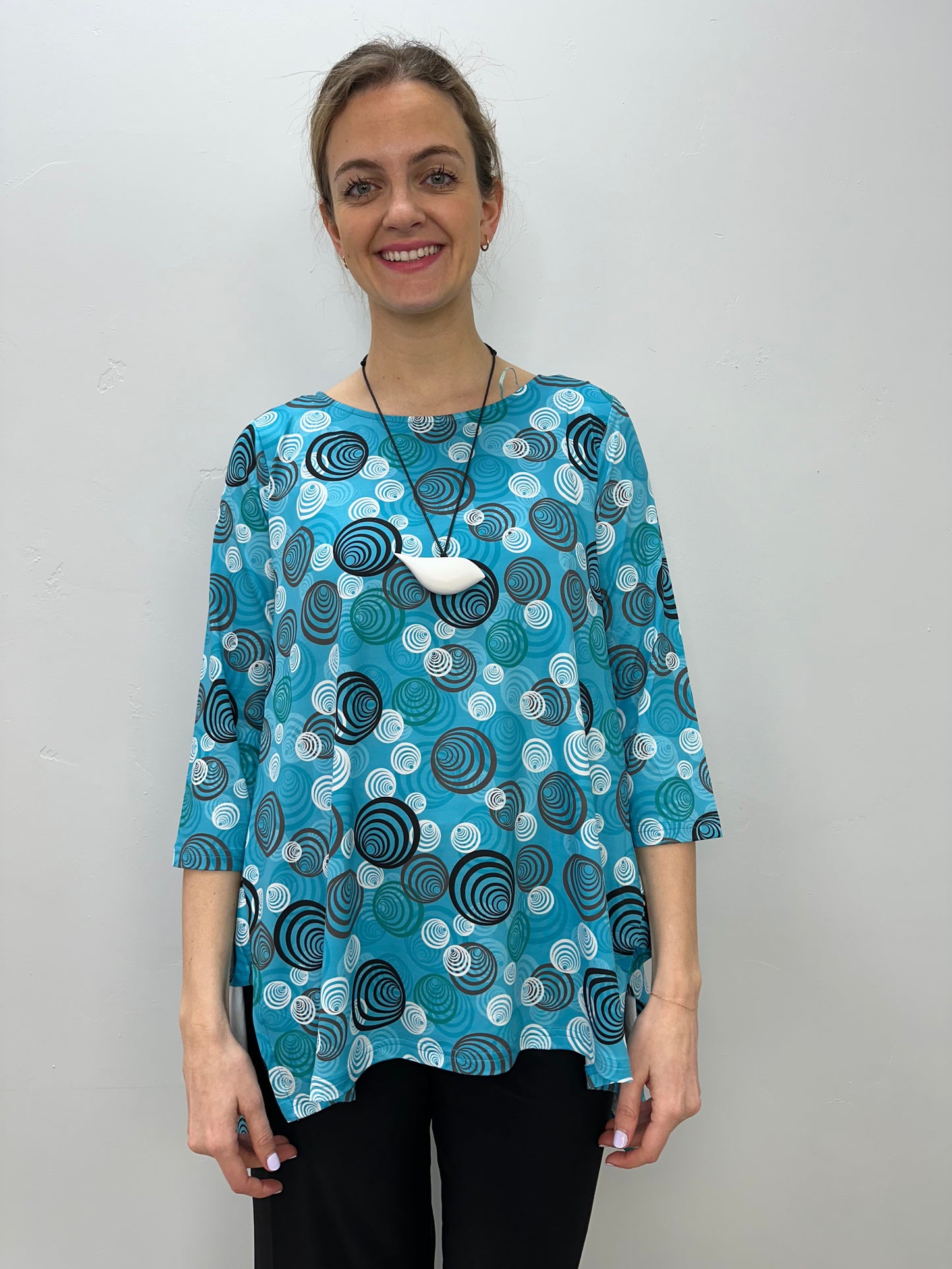 Teal Swirls 3/4 Sleeve Shark-bite Tunic