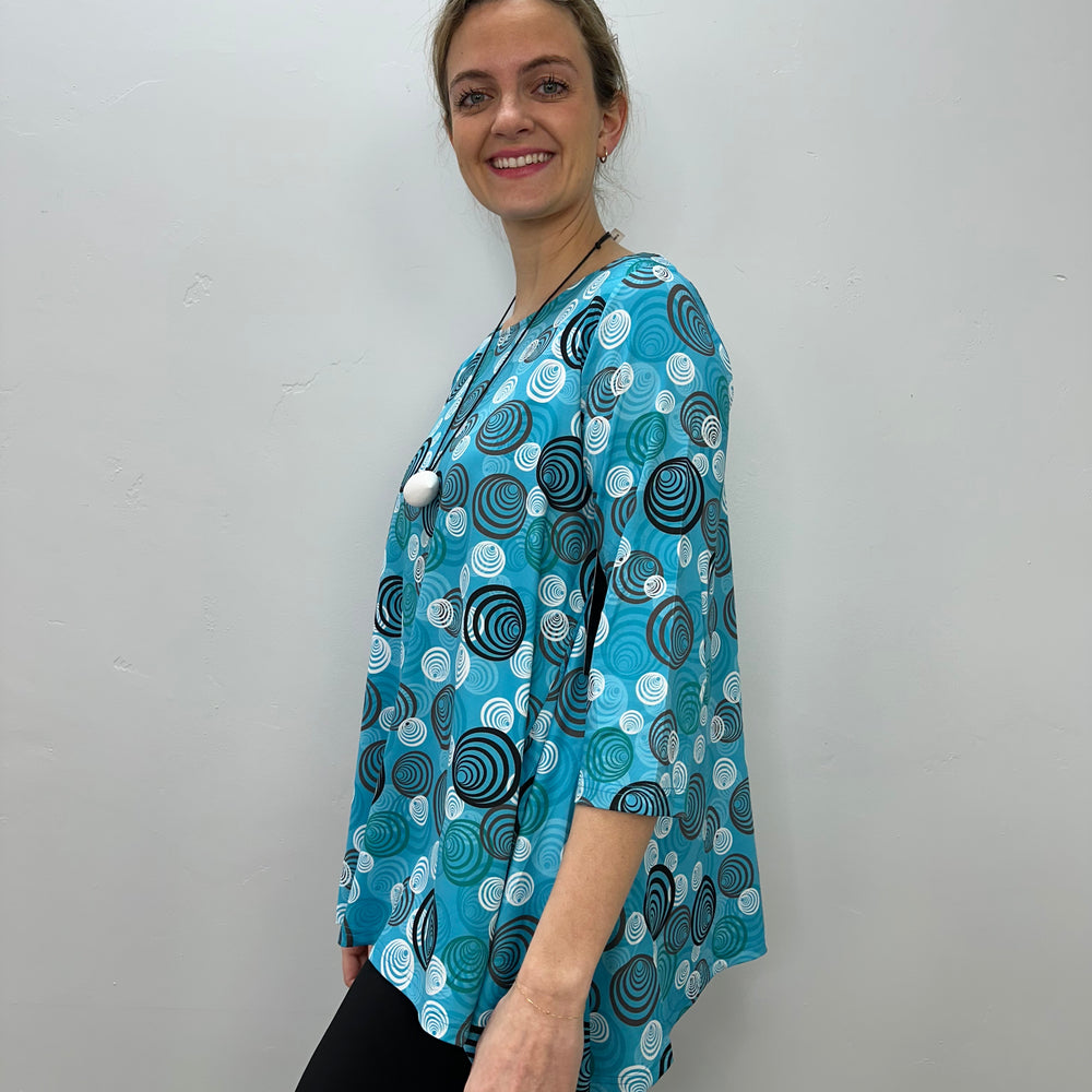 Teal Swirls 3/4 Sleeve Shark-bite Tunic