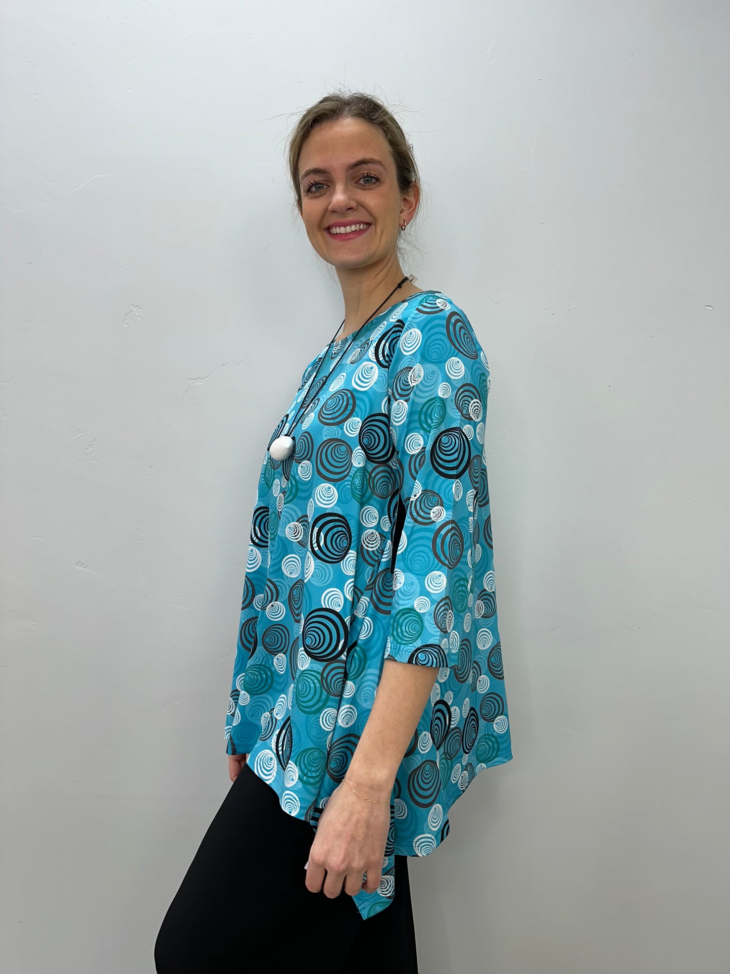 Teal Swirls 3/4 Sleeve Shark-bite Tunic