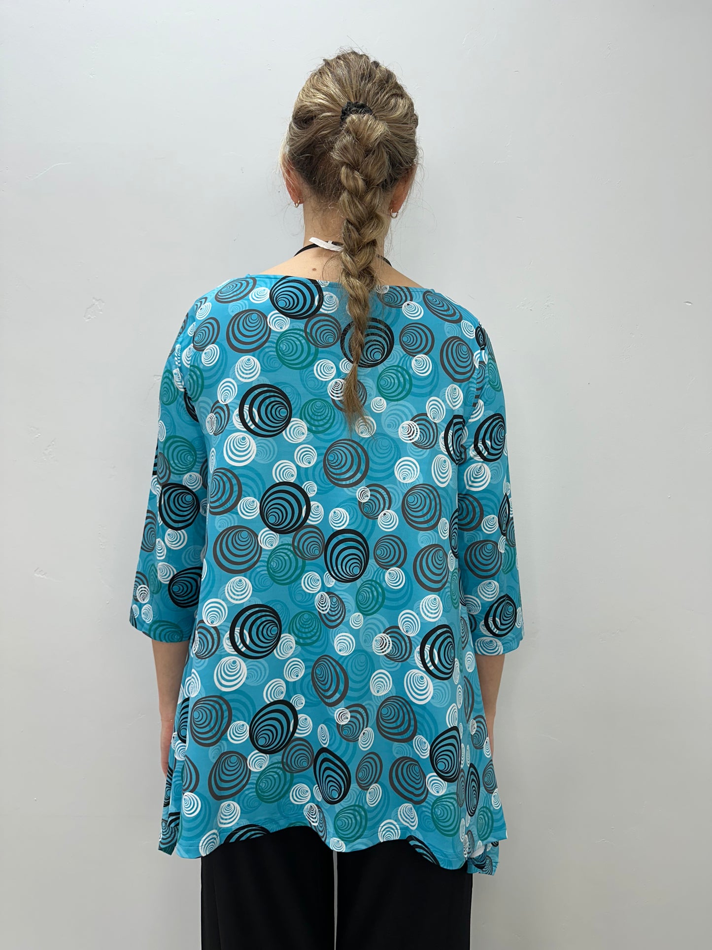 Load image into Gallery viewer, Teal Swirls 3/4 Sleeve Shark-bite Tunic
