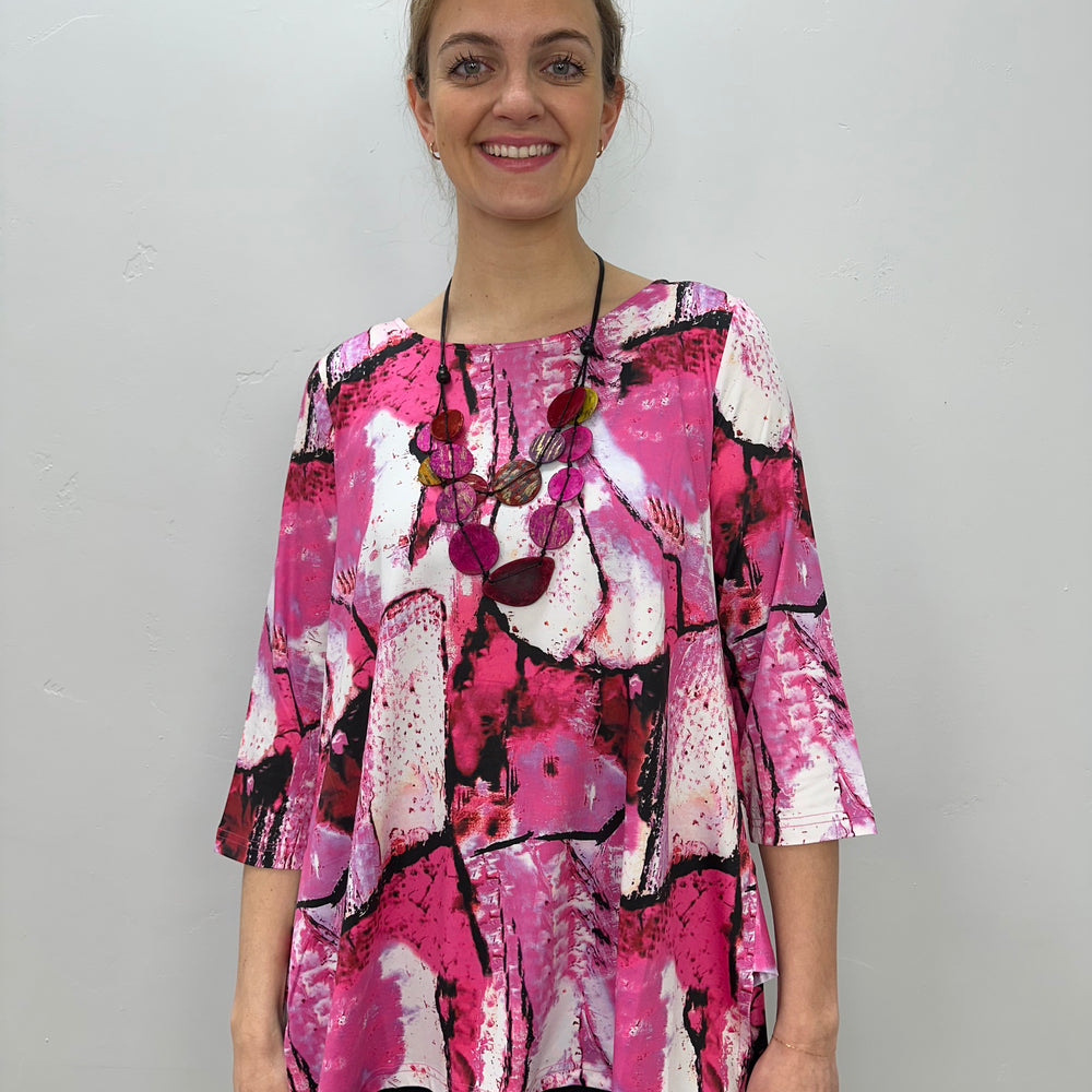 Pink Rock Pattern 3/4 Sleeve Shark-bite Tunic