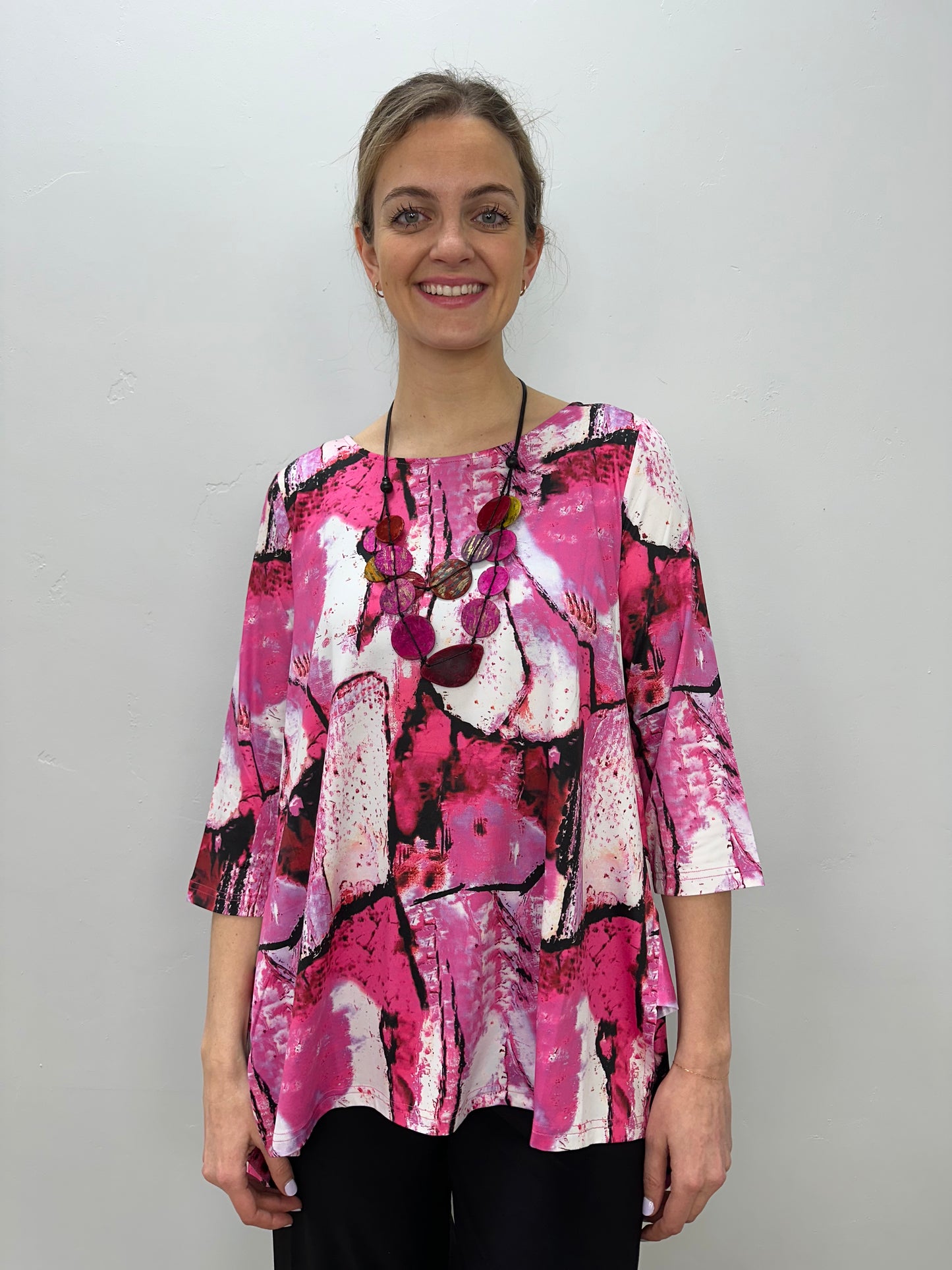 Pink Rock Pattern 3/4 Sleeve Shark-bite Tunic