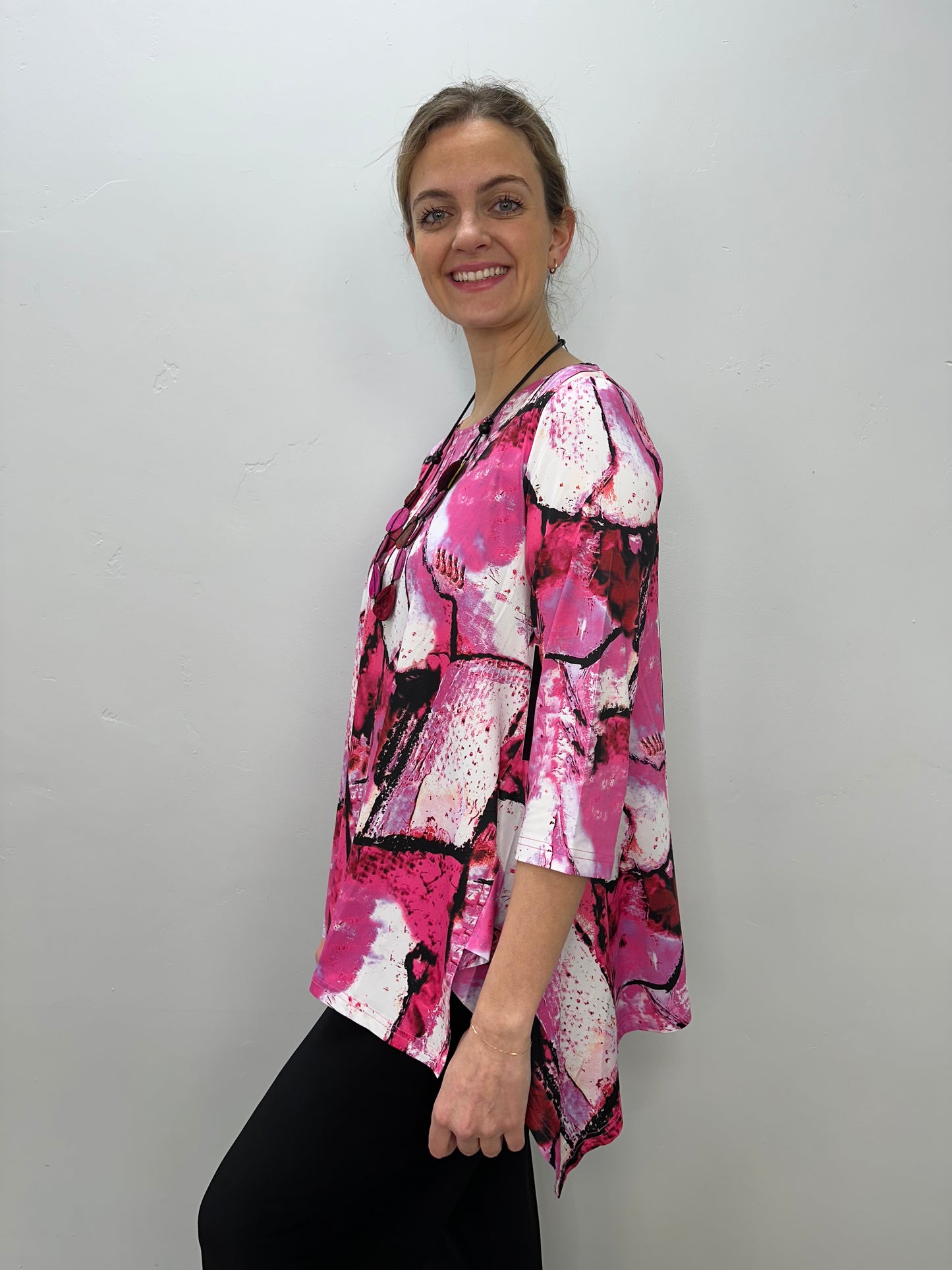 Pink Rock Pattern 3/4 Sleeve Shark-bite Tunic