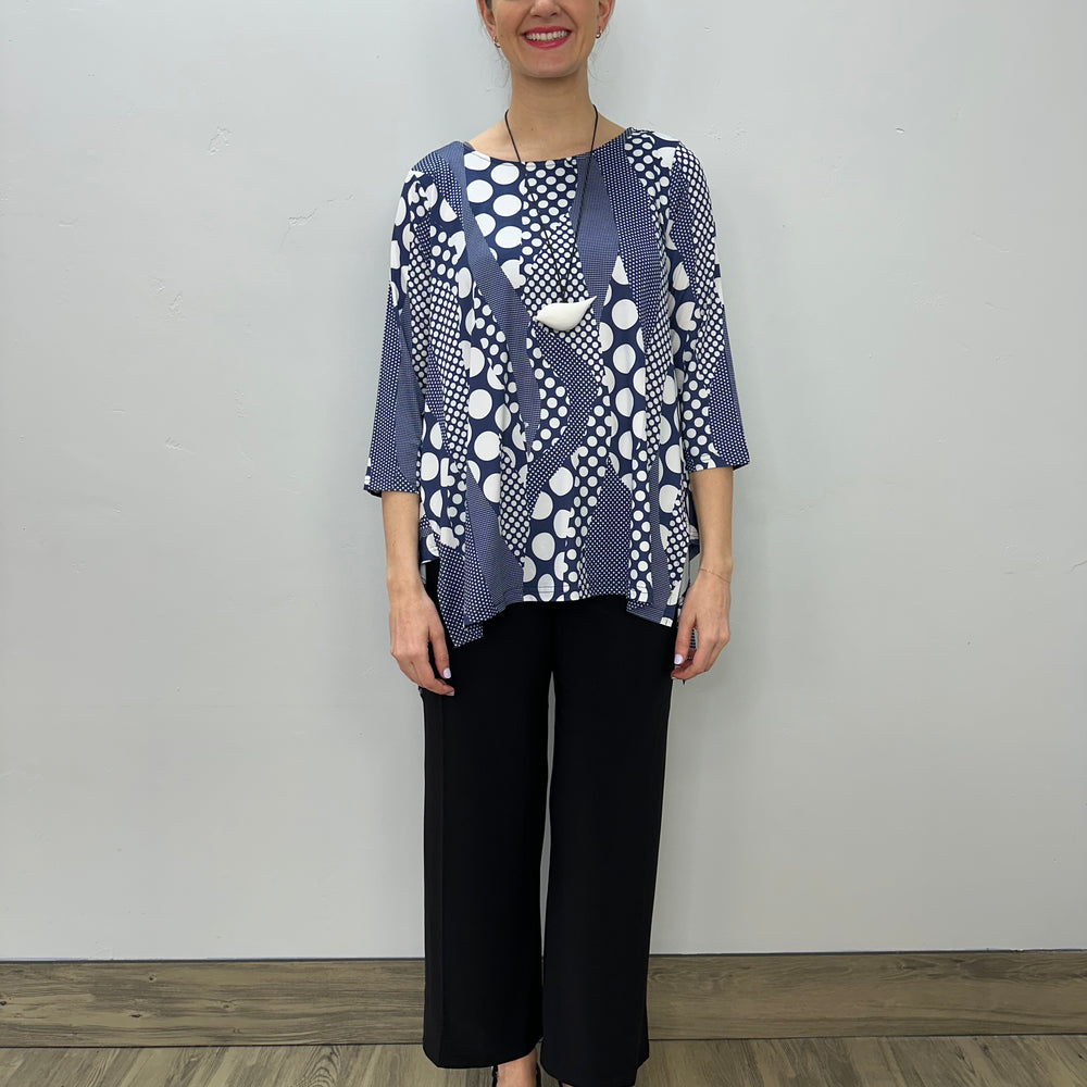 
                  
                    Navy and White Dots 3/4 Sleeve Shark-bite Pattern Tunic
                  
                