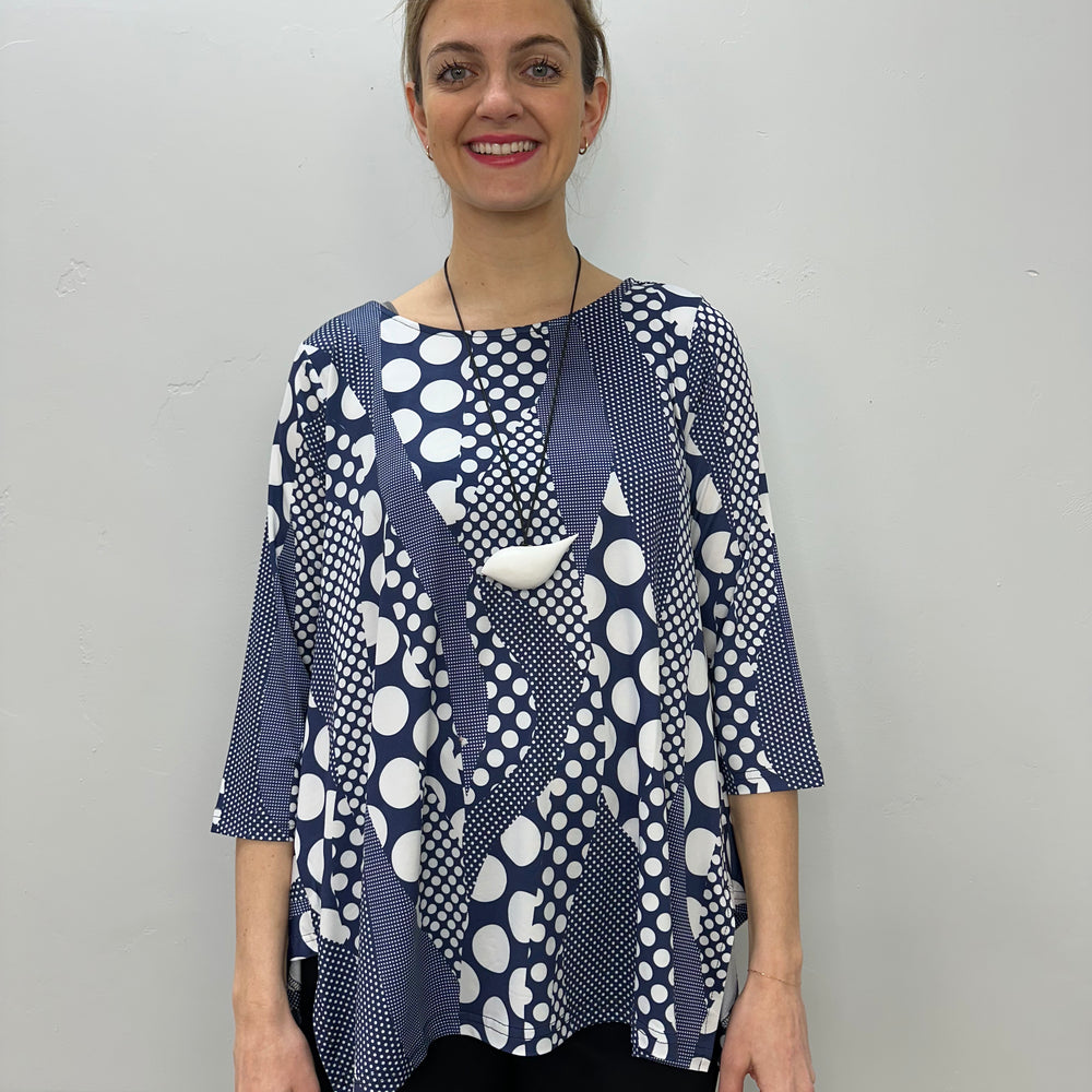 Navy and White Dots 3/4 Sleeve Shark-bite Pattern Tunic