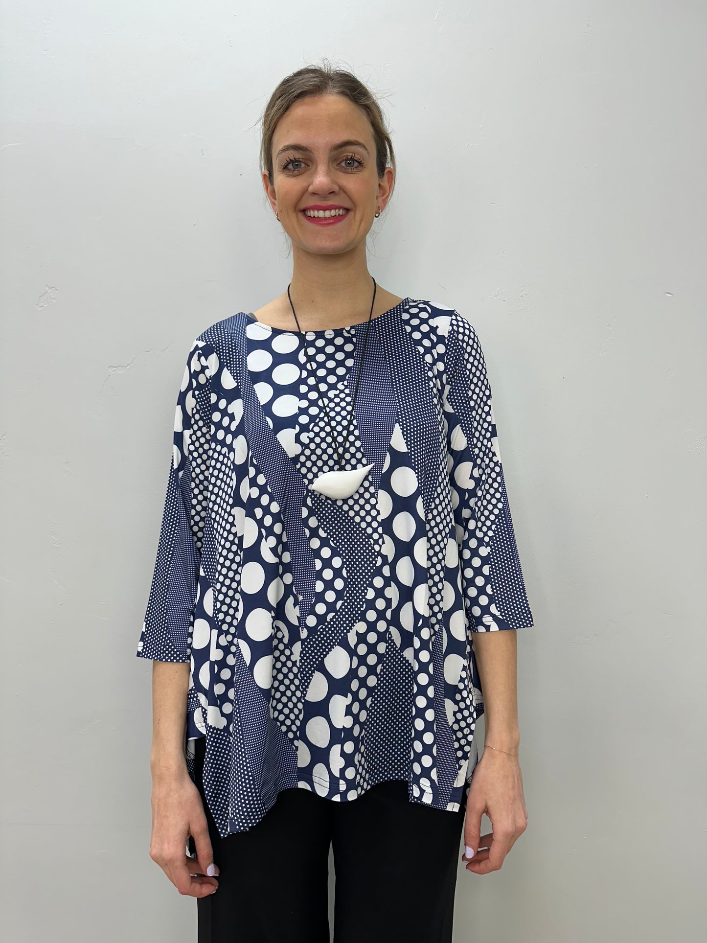 Navy and White Dots 3/4 Sleeve Shark-bite Pattern Tunic