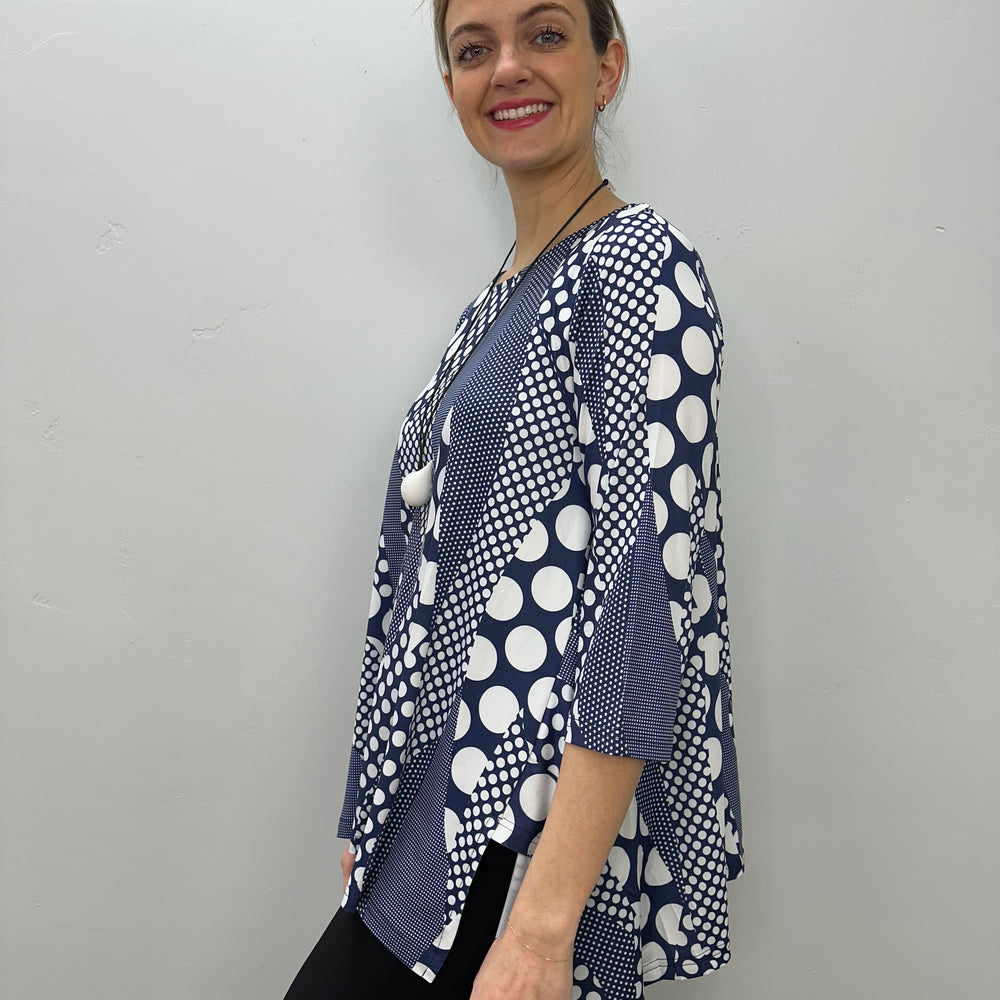 Navy and White Dots 3/4 Sleeve Shark-bite Pattern Tunic