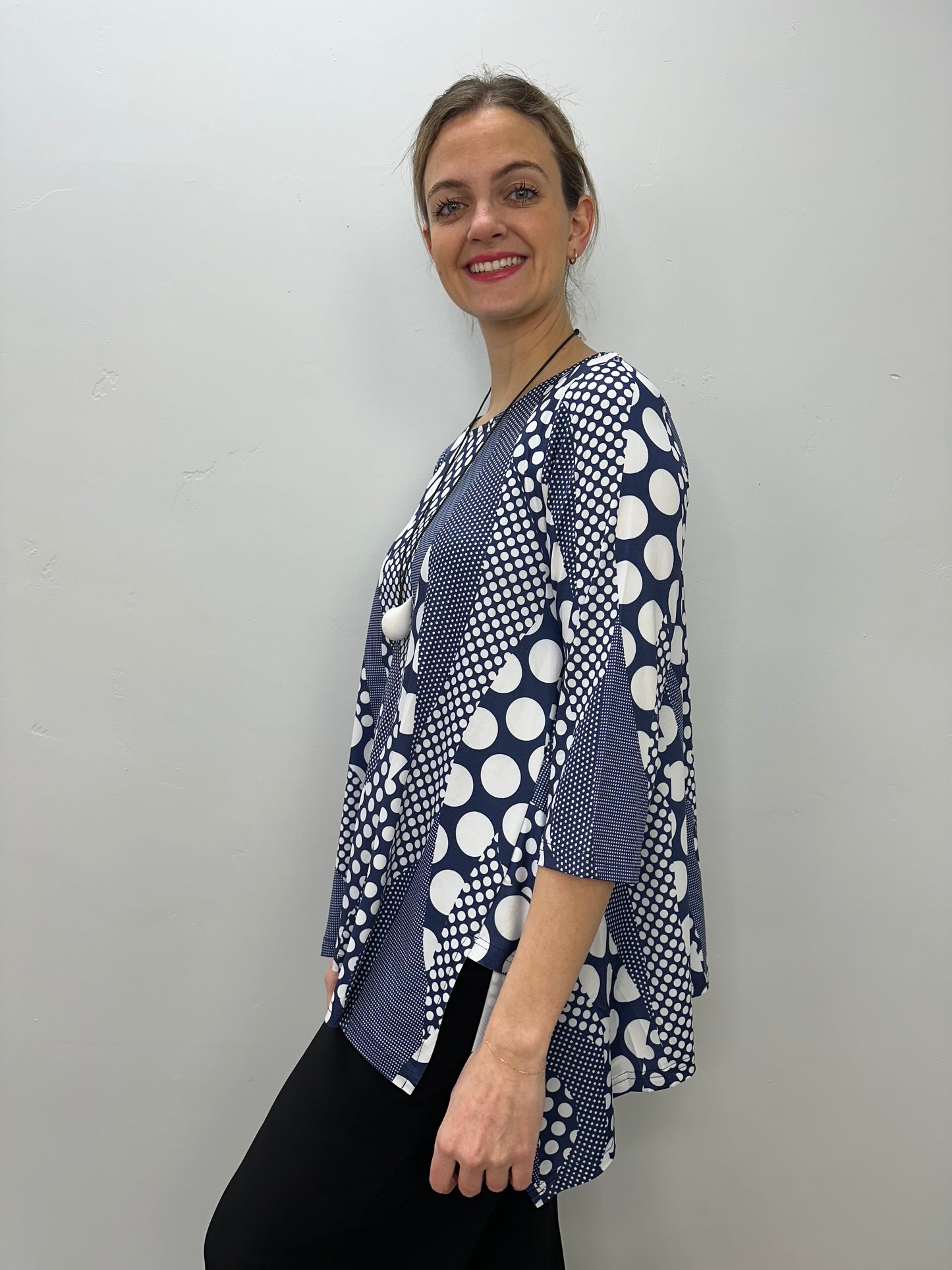 Navy and White Dots 3/4 Sleeve Shark-bite Pattern Tunic