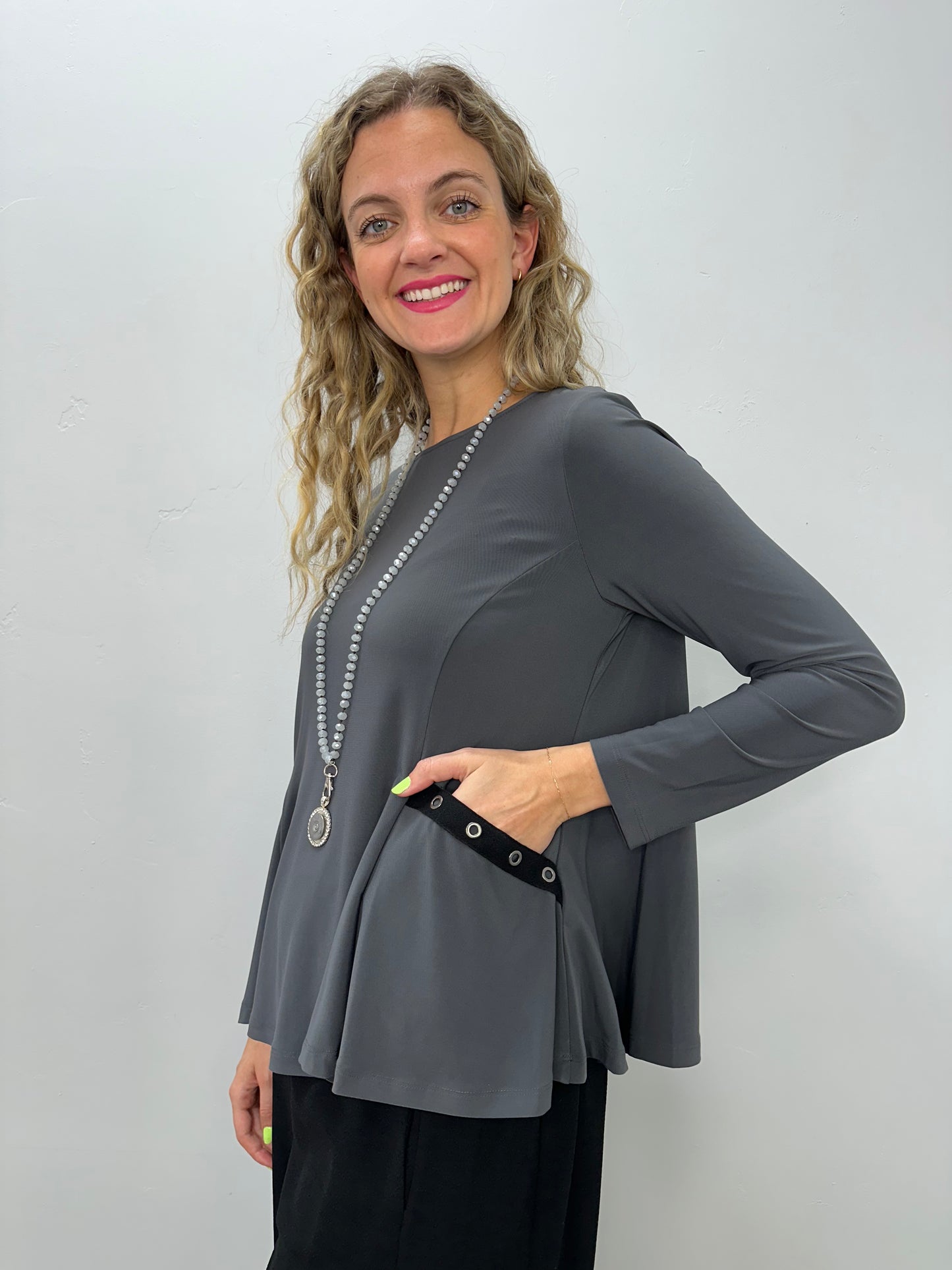 Alloy Gray Two Pocket Grommets Long Sleeve Clara Top