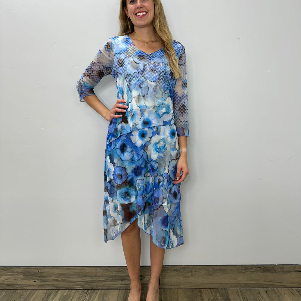 Blue Floral Elegant Drape 3/4 Sleeve Dress