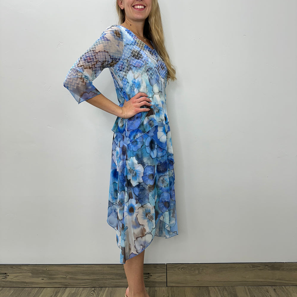 Blue Floral Elegant Drape 3/4 Sleeve Dress