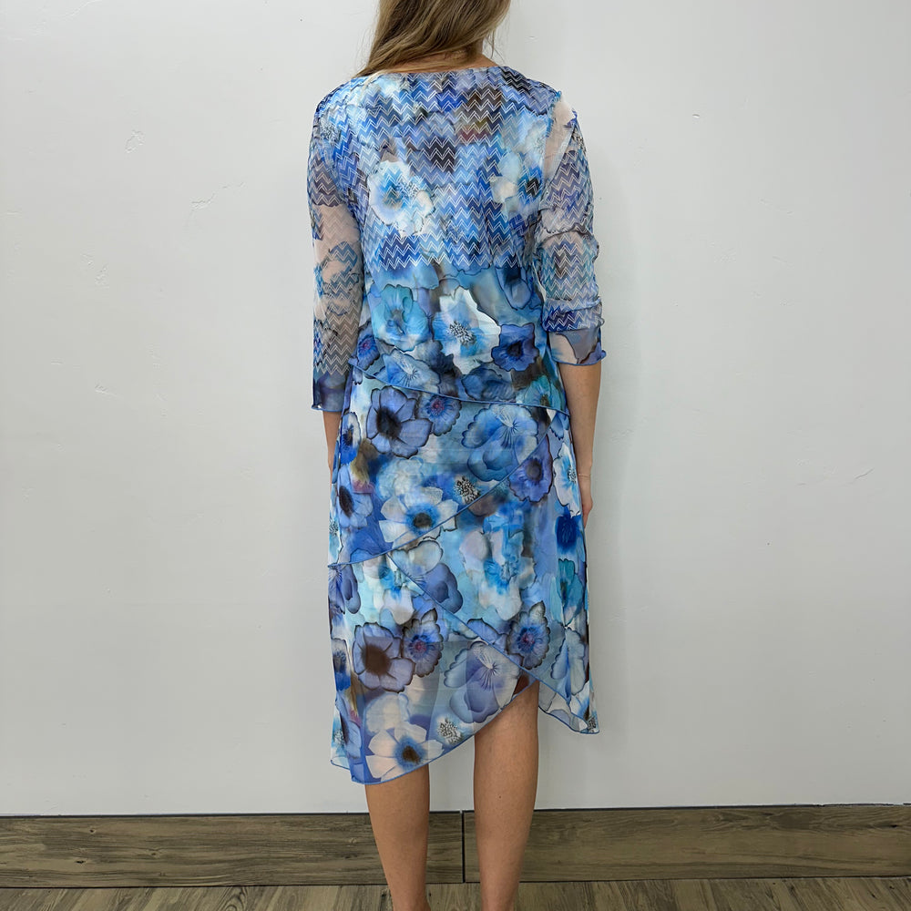 
                  
                    Blue Floral Elegant Drape 3/4 Sleeve Dress
                  
                