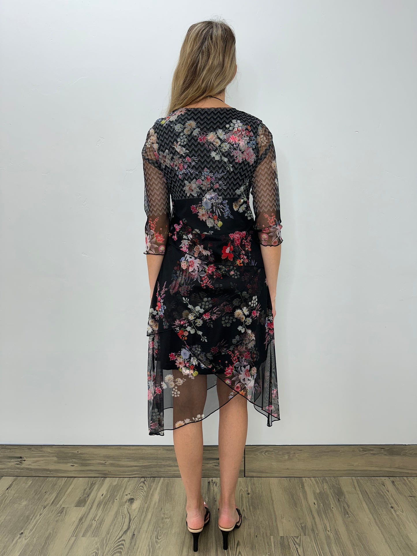 Black Floral Elegant Drape 3/4 Sleeve Dress