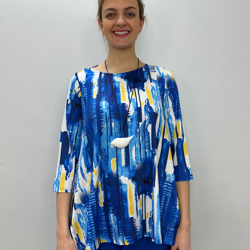 Yellow and Blue Pattern 3/4 Sleeve Shark-bite Tunic