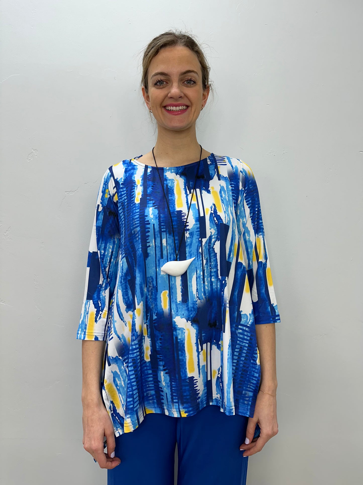 Yellow and Blue Pattern 3/4 Sleeve Shark-bite Tunic