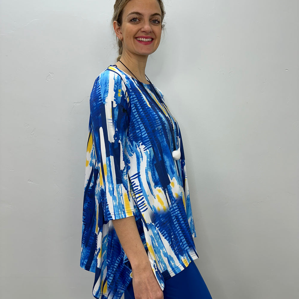 Yellow and Blue Pattern 3/4 Sleeve Shark-bite Tunic