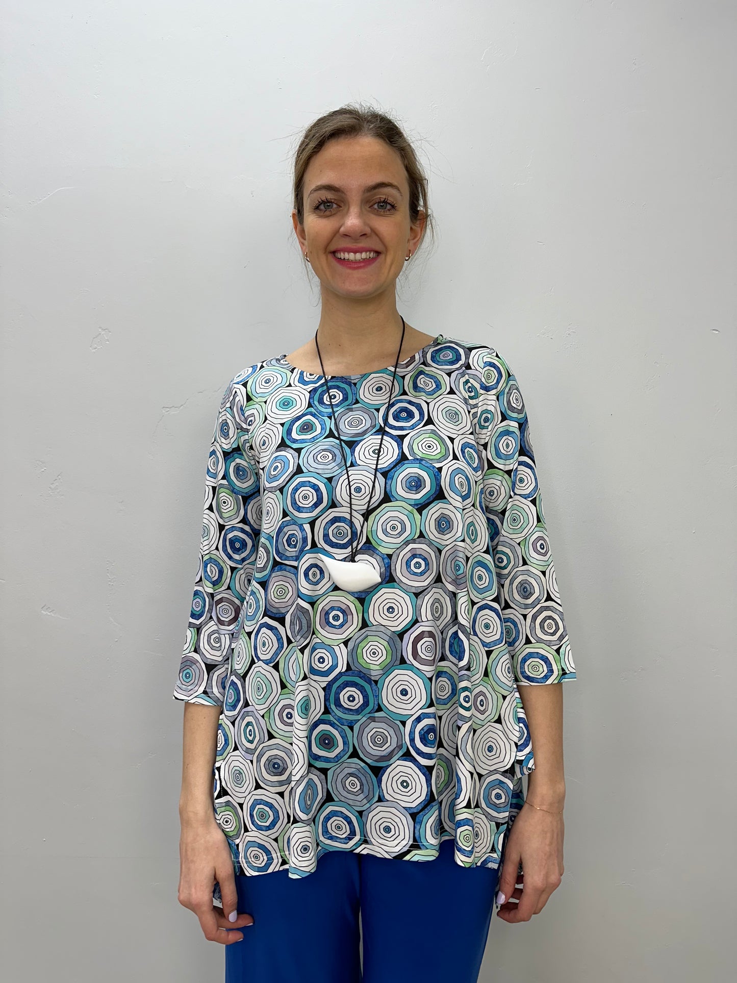 Mint and Blue Circles 3/4 Sleeve Shark-bite Tunic