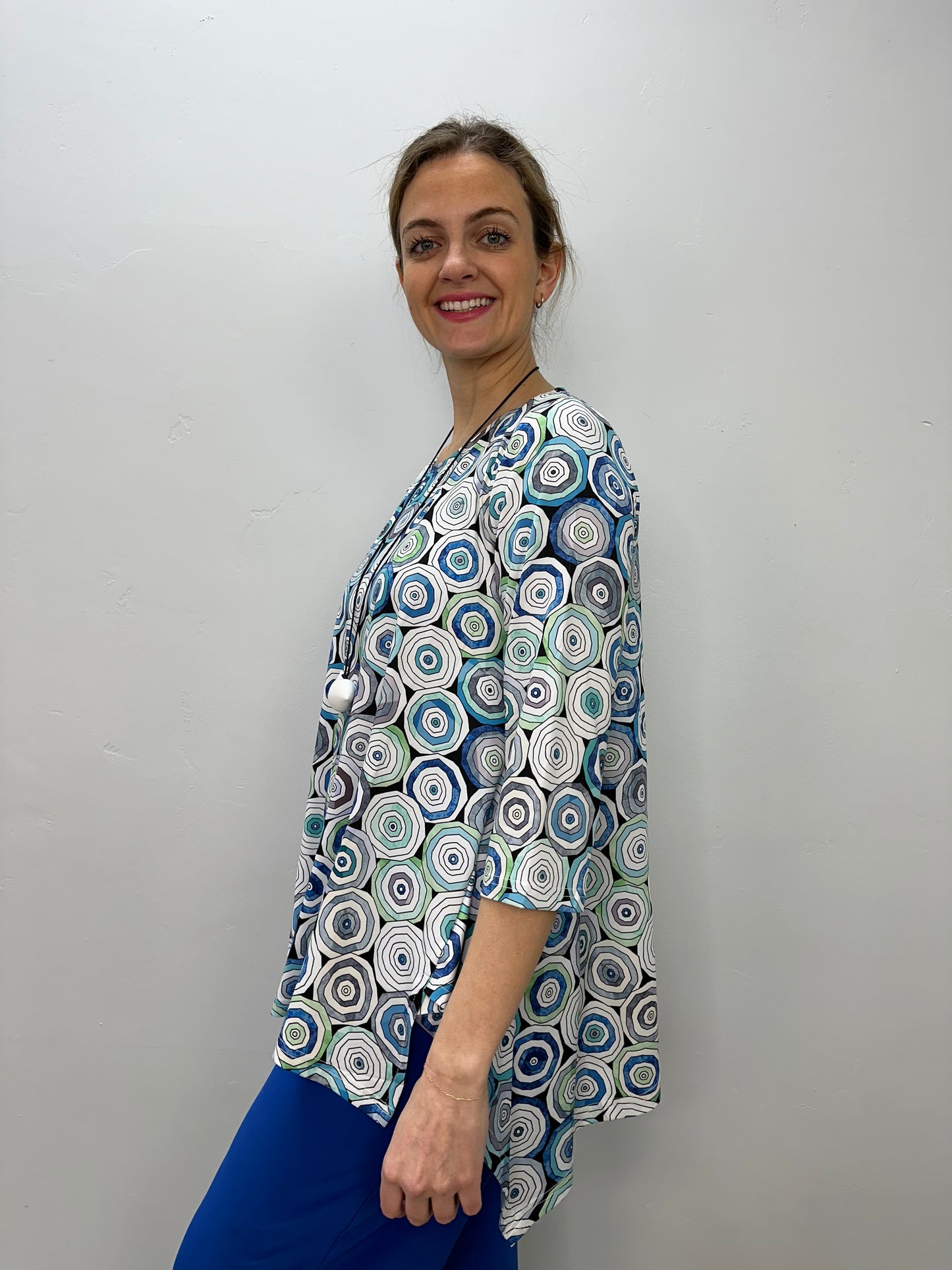 Mint and Blue Circles 3/4 Sleeve Shark-bite Tunic