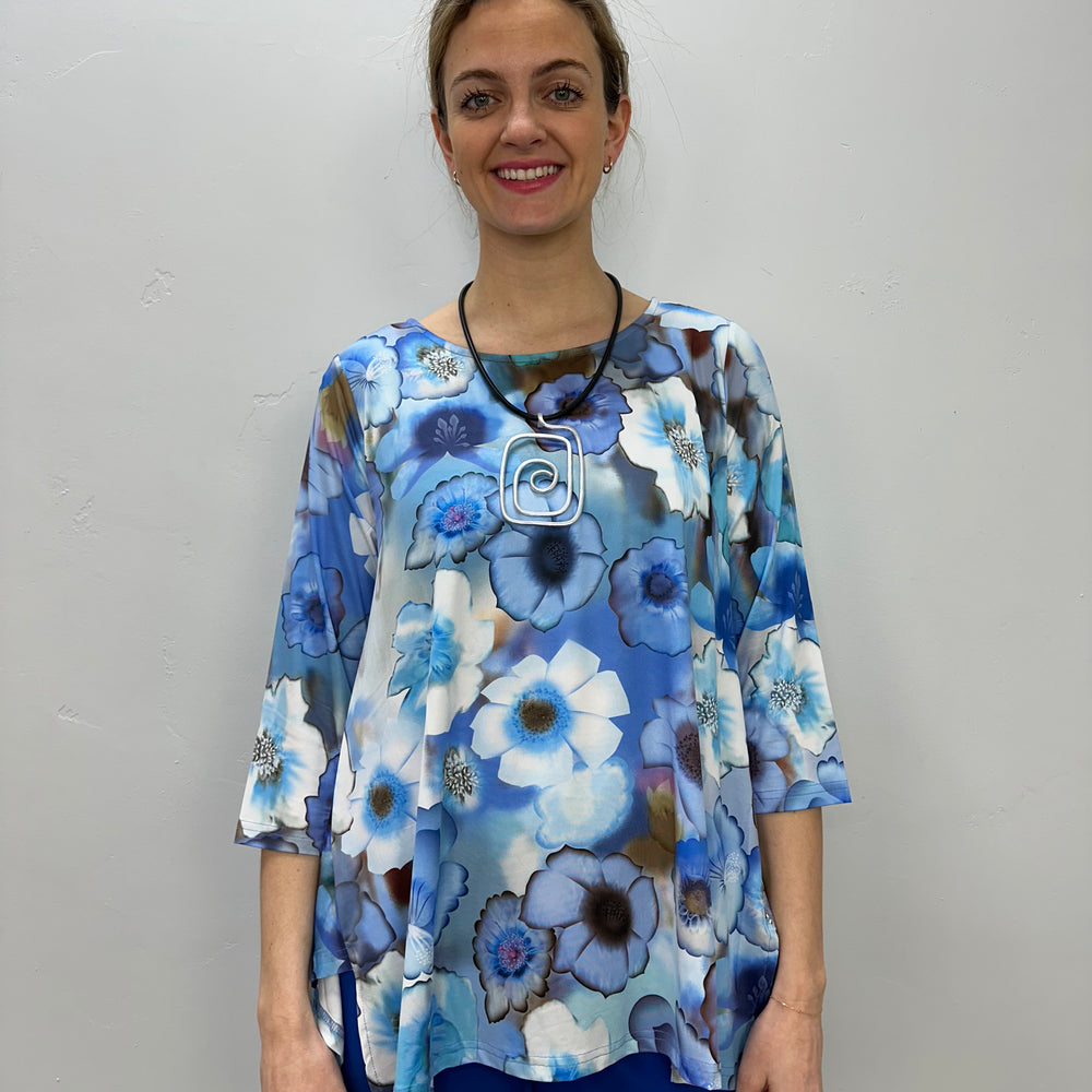 Blue Floral 3/4 Sleeve Shark-bite Tunic