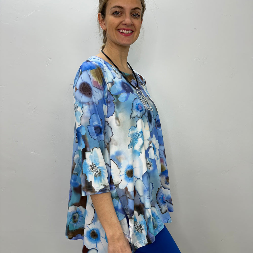 Blue Floral 3/4 Sleeve Shark-bite Tunic