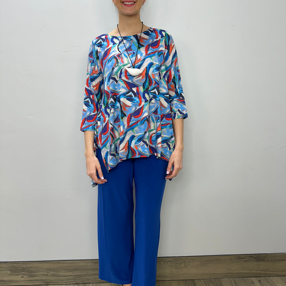 Blue and Red Abstract Pattern 3/4 Sleeve Shark-bite Tunic