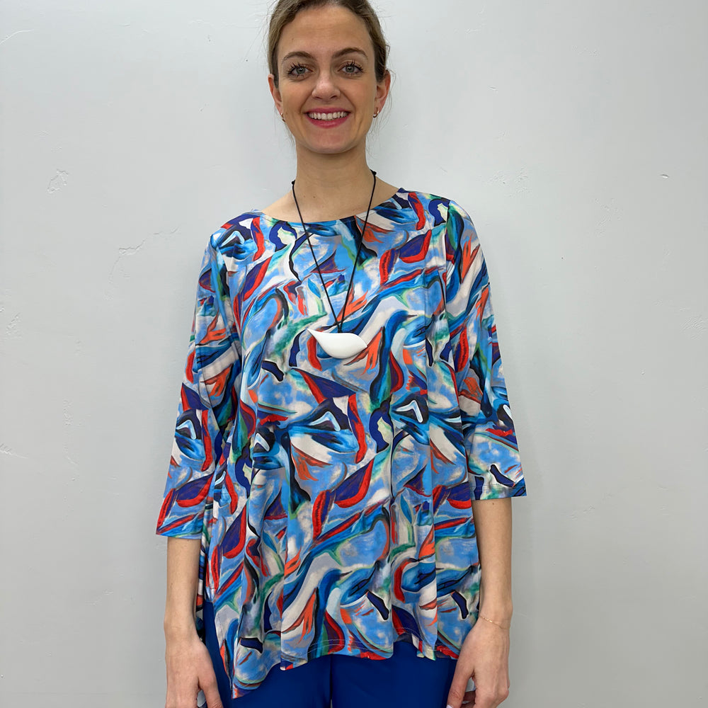 Blue and Red Abstract Pattern 3/4 Sleeve Shark-bite Tunic