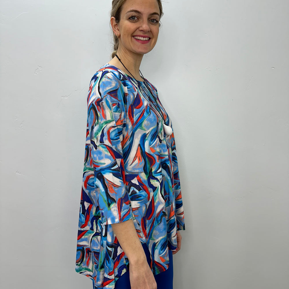 
                  
                    Blue and Red Abstract Pattern 3/4 Sleeve Shark-bite Tunic
                  
                