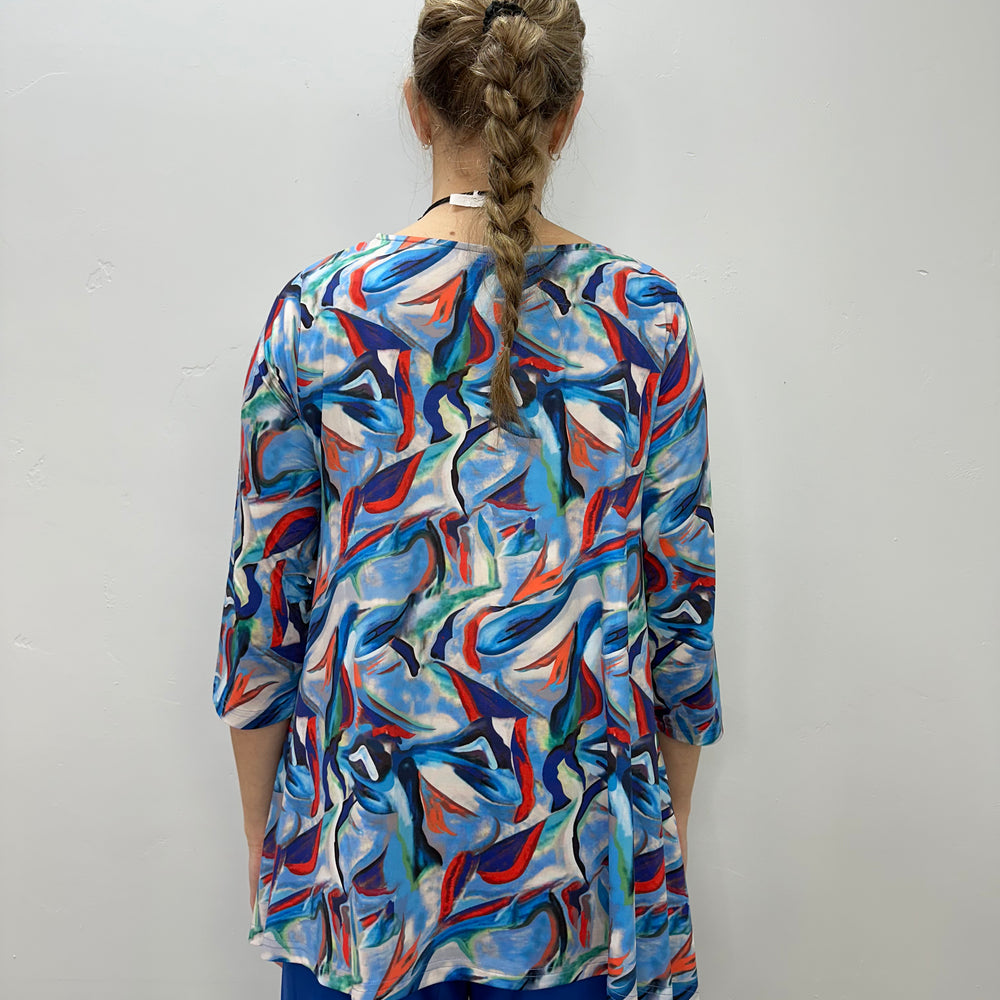 
                  
                    Blue and Red Abstract Pattern 3/4 Sleeve Shark-bite Tunic
                  
                