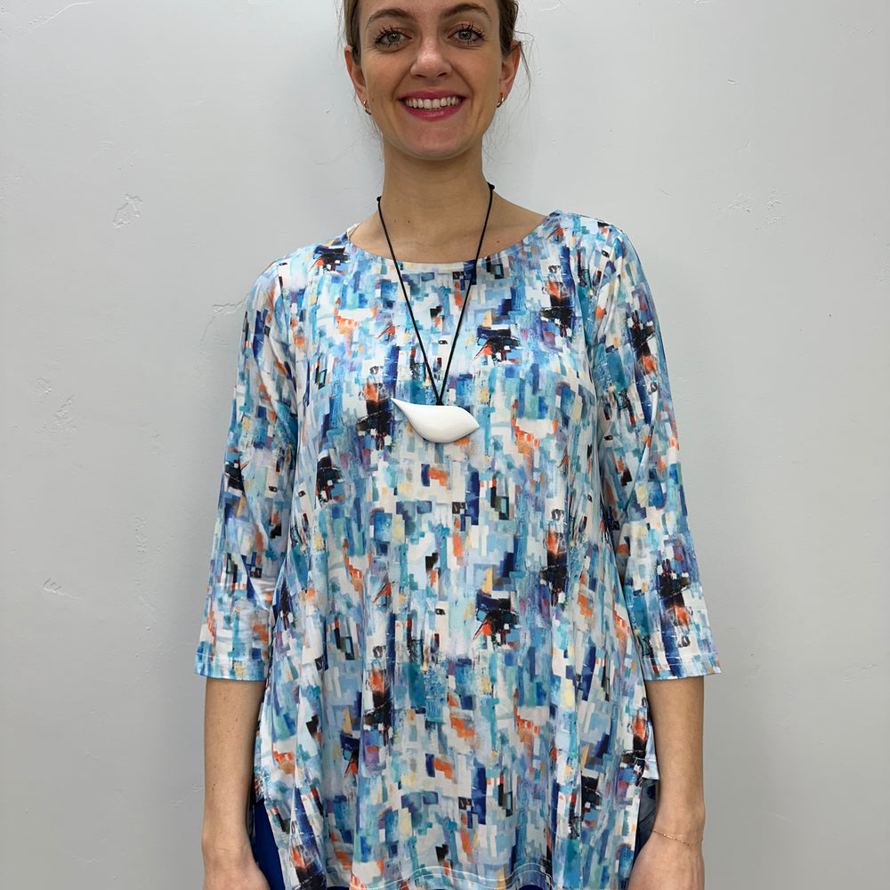 Abstract Blue Block 3/4 Sleeve Shark-bite Pattern Tunic