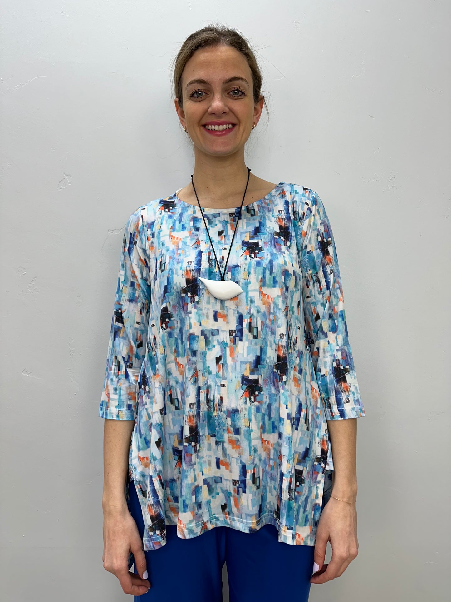 Abstract Blue Block 3/4 Sleeve Shark-bite Pattern Tunic