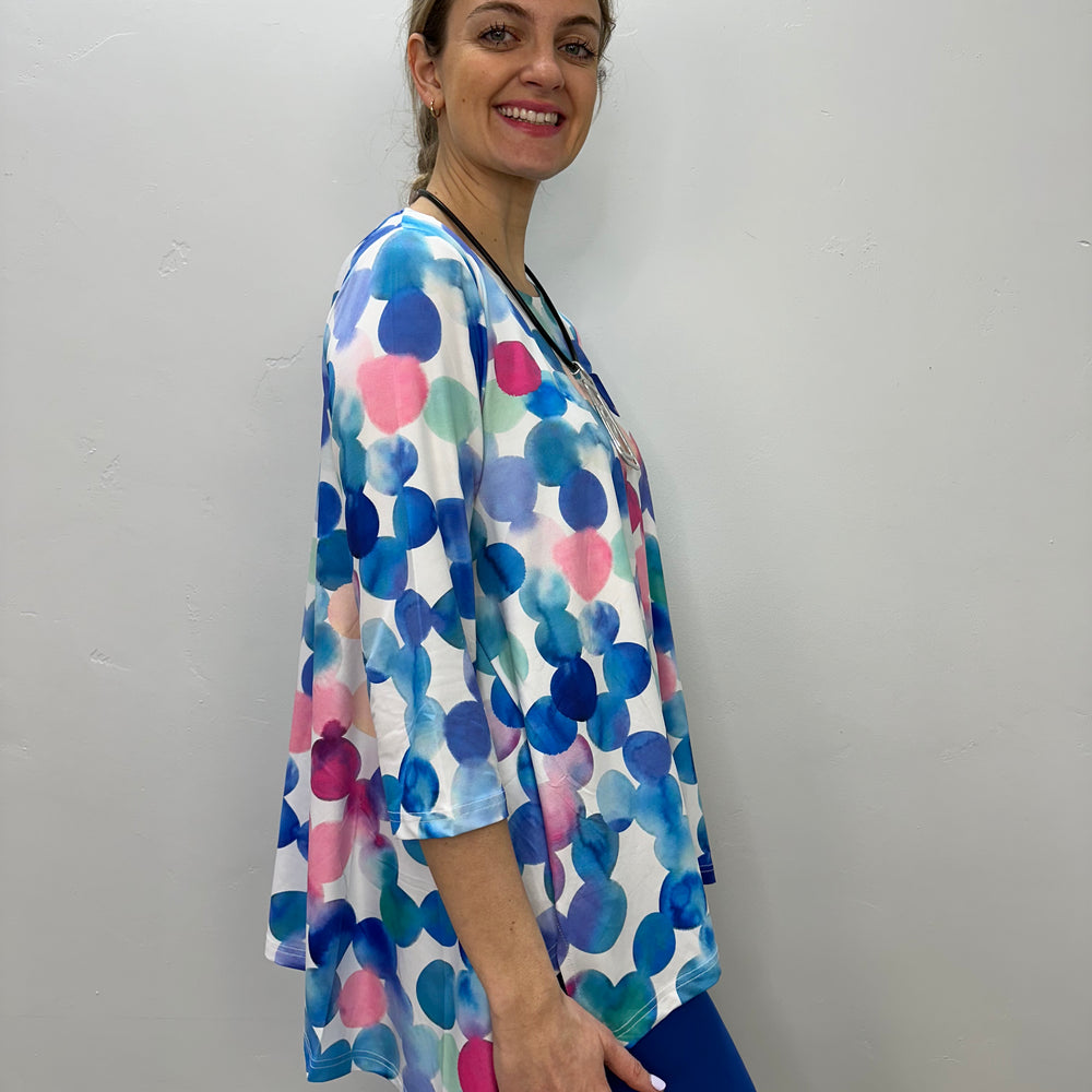 
                  
                    Blue and Pink Dots 3/4 Sleeve Shark-bite Tunic
                  
                