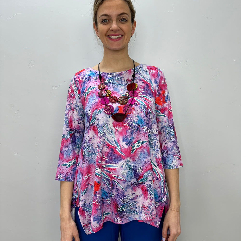 Funky Pink Pattern 3/4 Sleeve Shark-bite Pattern Tunic