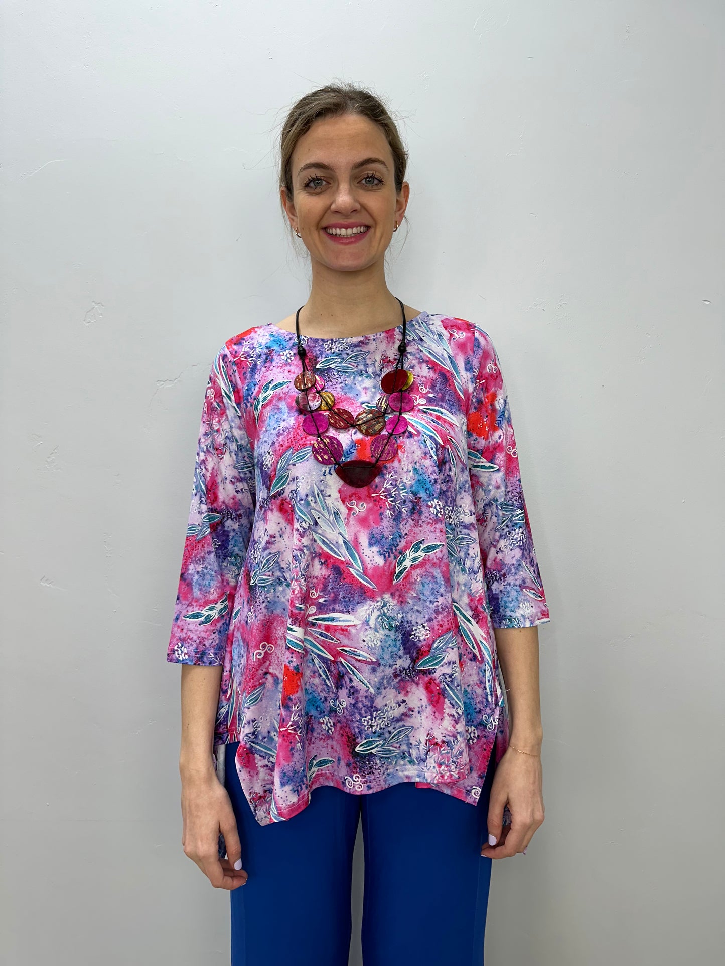 Funky Pink Pattern 3/4 Sleeve Shark-bite Pattern Tunic